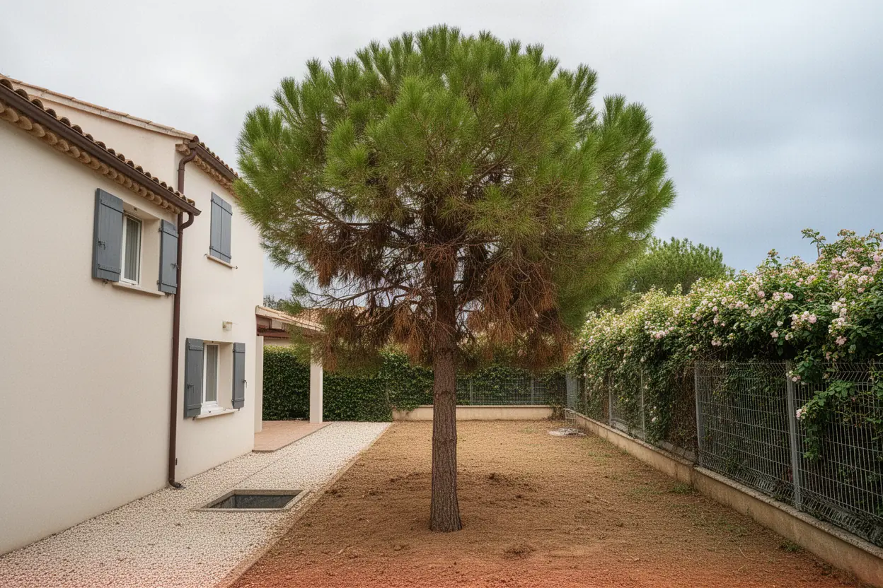 Pin dépérissant avant abattage à Bouc-Bel-Air