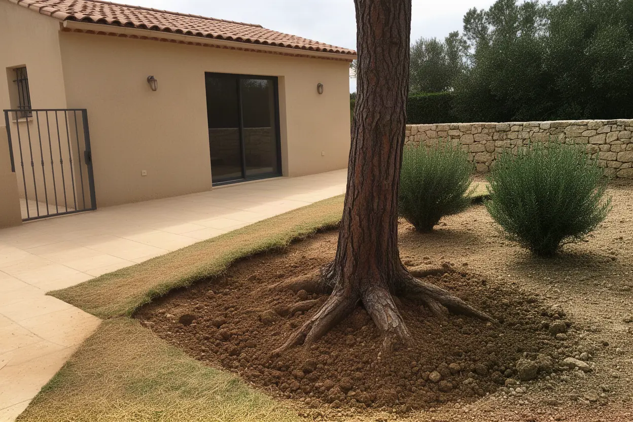 Souche de pin avant rognage dans un jardin à Meyreuil
