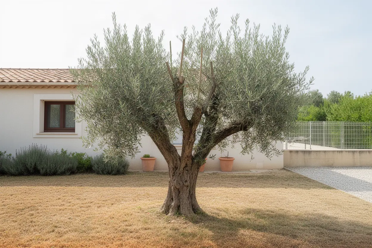 Olivier dense avant éclaircie dans jardin à Éguilles