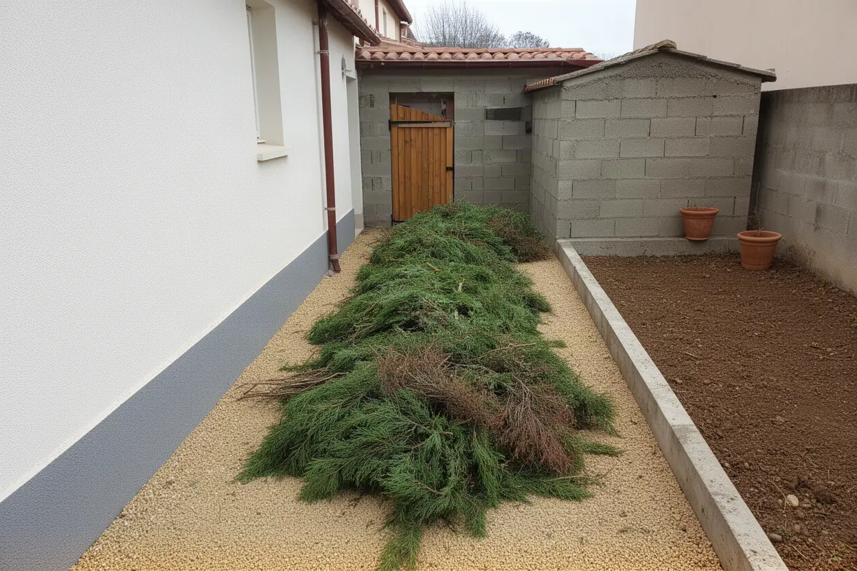 Branches de cyprès entassées avant broyage à Gardanne