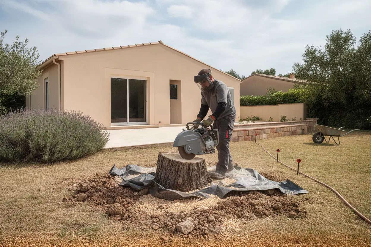 Rognage d'une souche dans un jardin à Aix-en-Provence