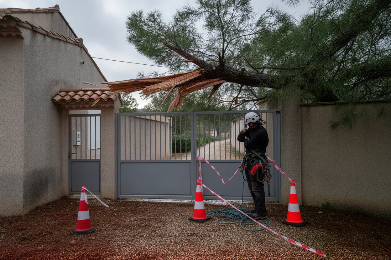 Grimpeur sécurisant un arbre après mistral à Aix-en-Provence